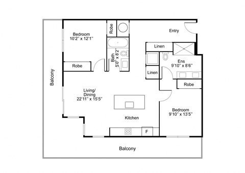 Floor plan for 2 beds, 2 baths, 991 sqft